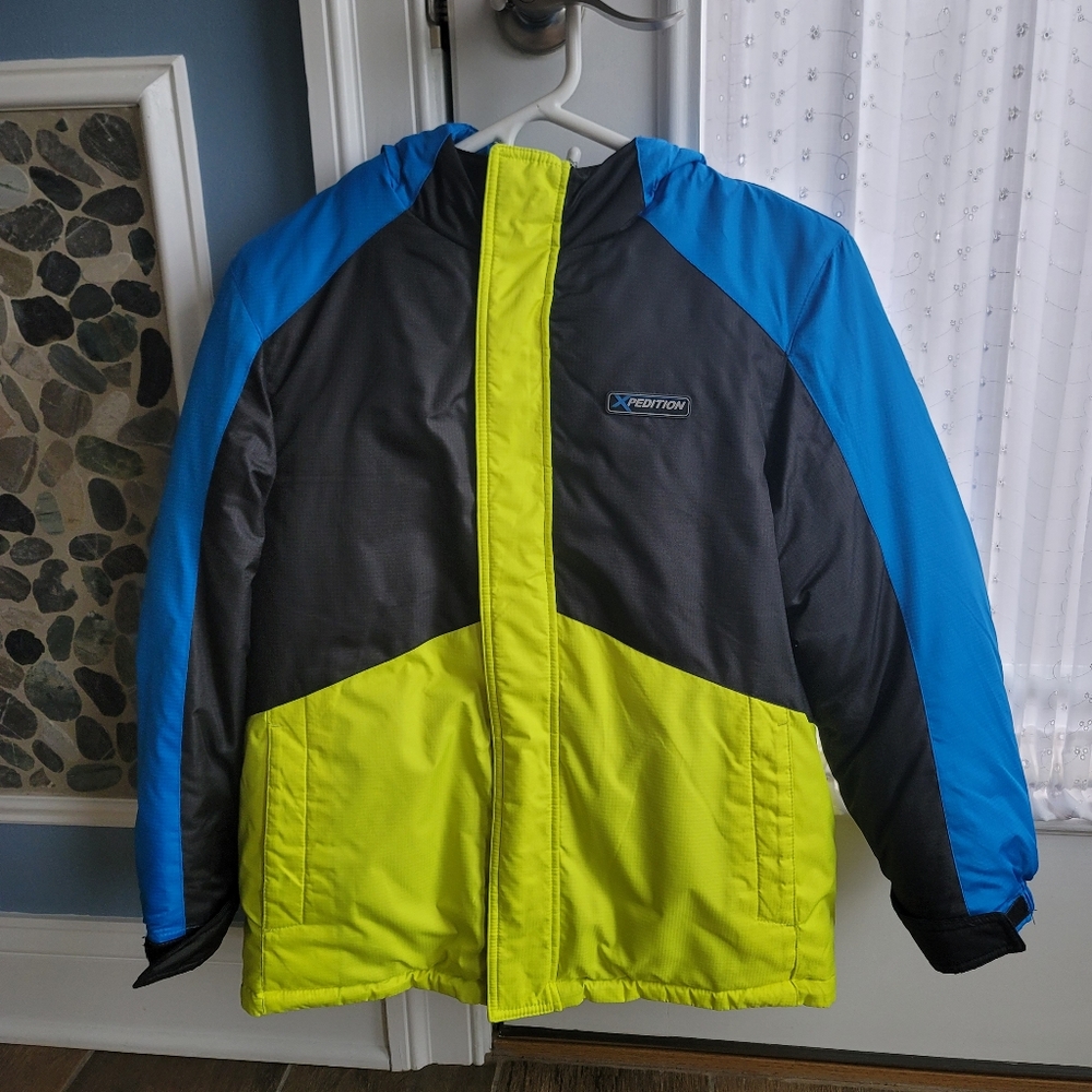 Boys double Mountain Xpedition winter jacket size Large 10/12 blue/green